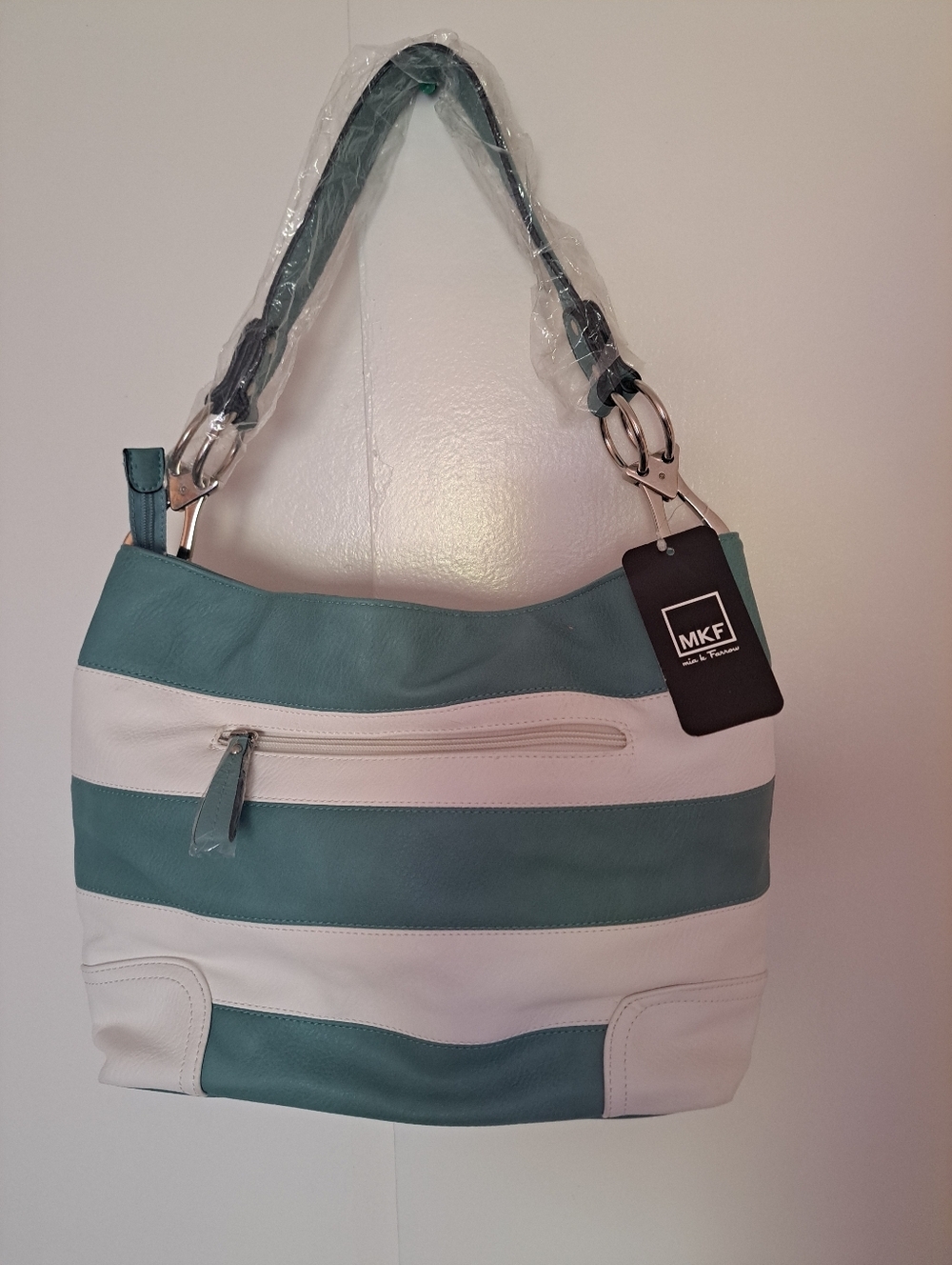 MKF collection Emily Women's Stripe Hobo Ba Teal and White Striped .